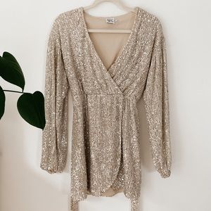 Princess Polly “Dancing Queen Mini Dress” Champagne Sequin Long Sleeve Cocktail